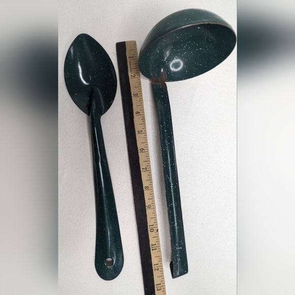 Vtg Graniteware Green Ladle & Spoon Lot Enamel Rare Rustic B2 - Picture 6 of 10